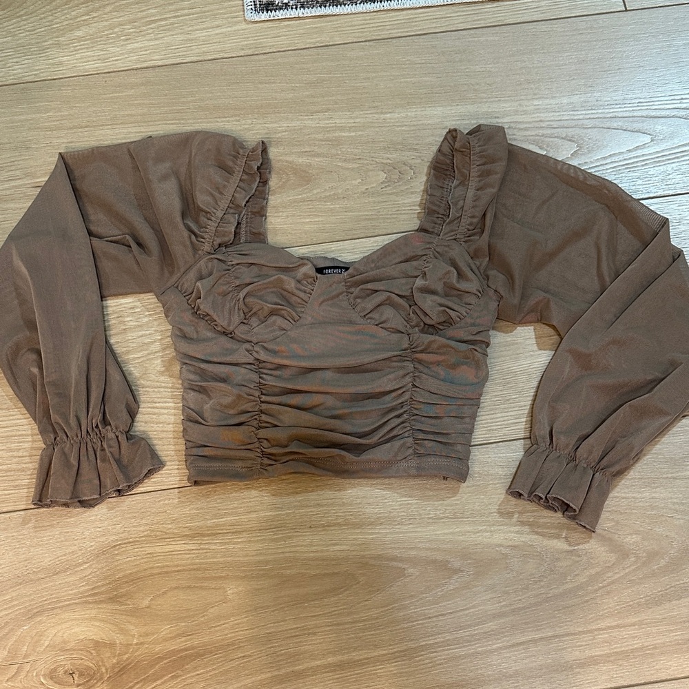 Forever 21 Brown Ruched Puff-Sleeve Crop Top